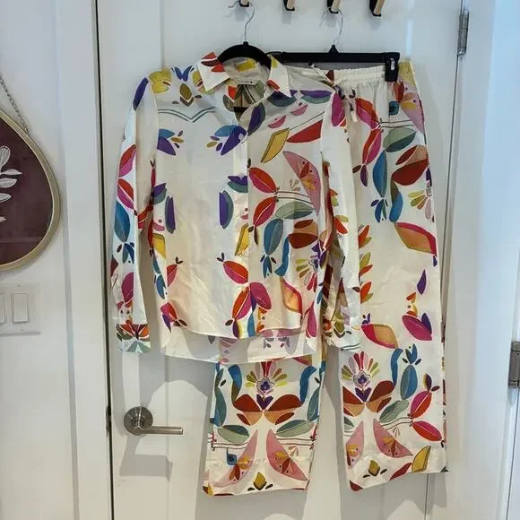 Zara Cream Printed Poplin Shirt and Wide Leg Pants Set Small - Picture 2 of 12